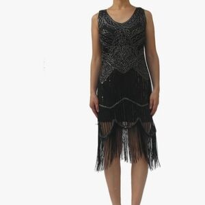 Great Gatsby 1920s Style Beaded Flapper Dress In Black Women's 4X